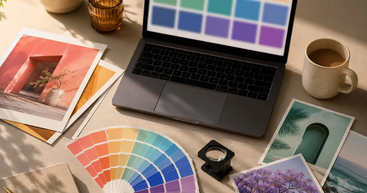 Designer's desk with a laptop showing a palette grid, fanned color swatches, printed photos, and a loupe