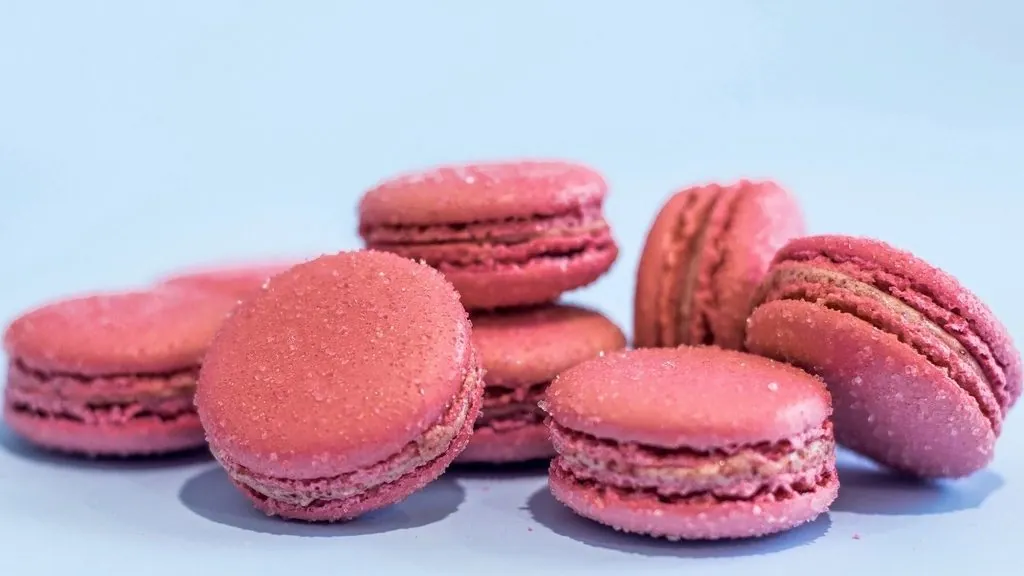Pink macarons on a powder blue background